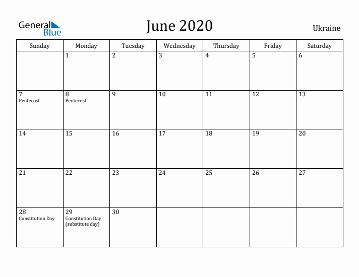 June 2020 Calendar Ukraine