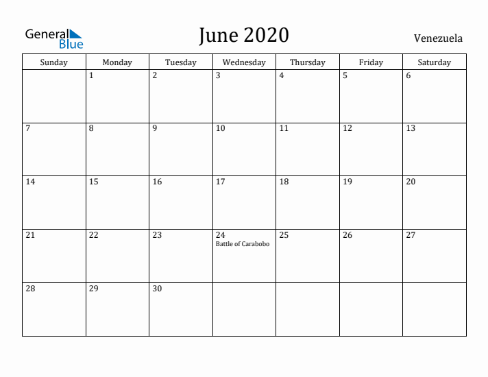 June 2020 Calendar Venezuela