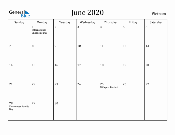 June 2020 Calendar Vietnam