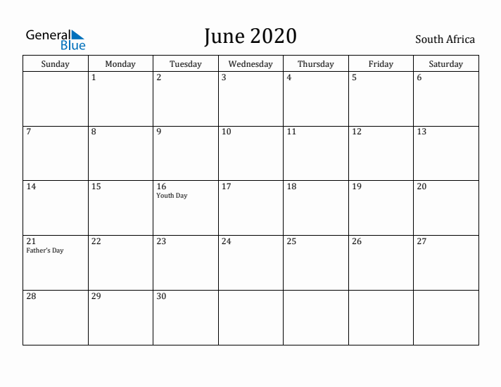 June 2020 Calendar South Africa