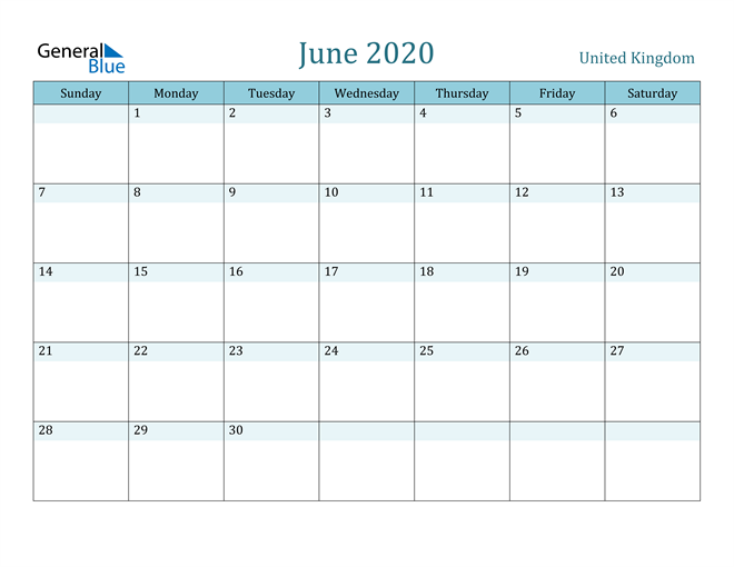 United Kingdom June Calendar With Holidays