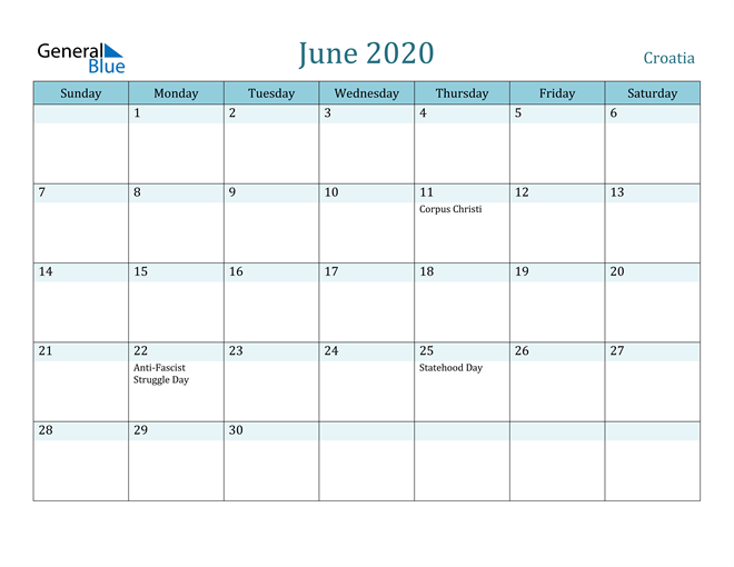 June 2020 Calendar with Holidays in PDF, Word, and Excel