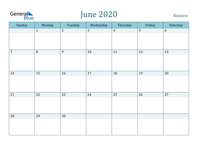 June 2020 Calendar with Holidays in PDF, Word, and Excel