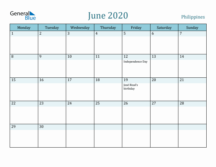June 2020 Calendar with Holidays