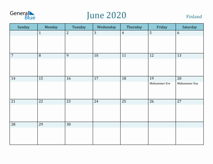 June 2020 Calendar with Holidays