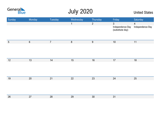 July 2020 Calendar with United States Holidays