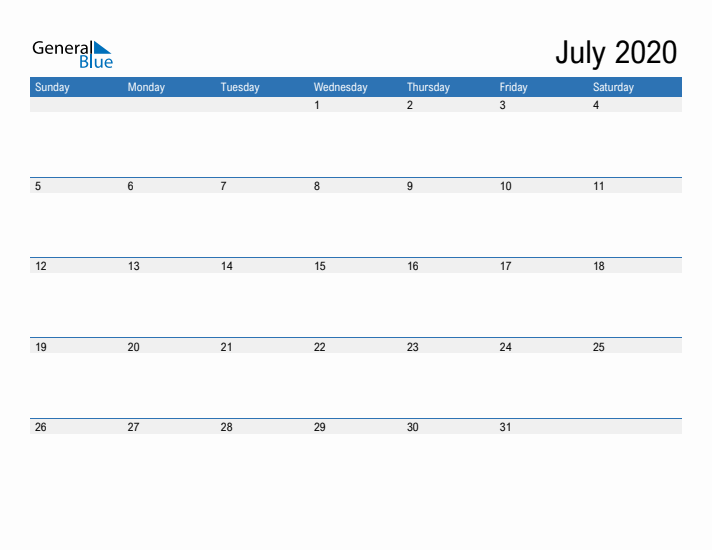 Fillable Calendar for July 2020