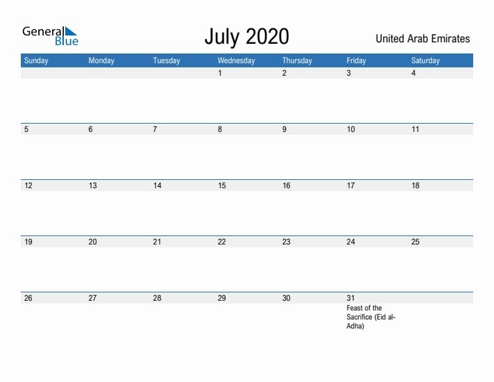 Fillable July 2020 Calendar