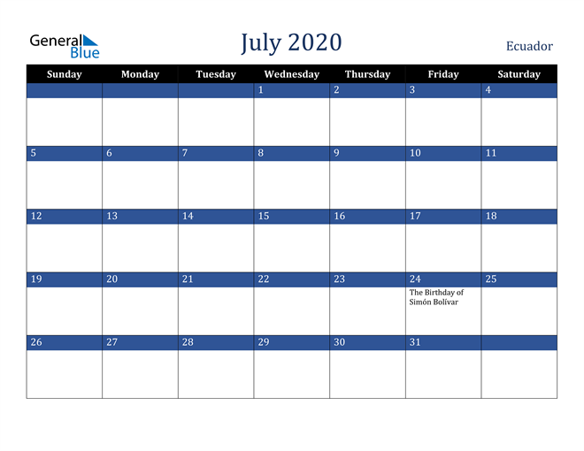 July 2020 Ecuador Calendar