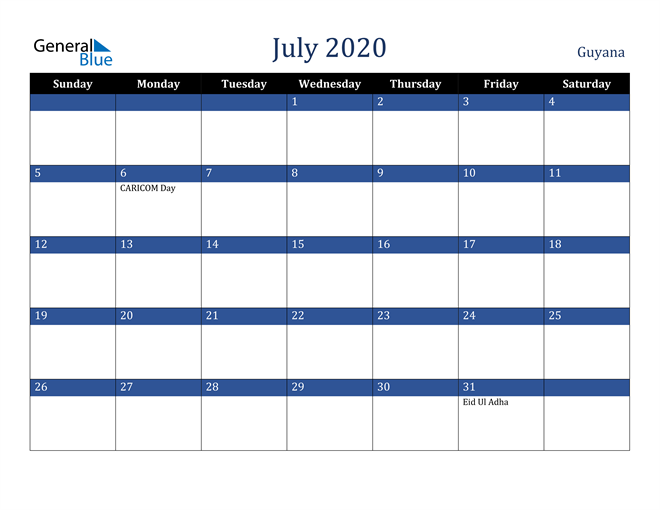 July 2020 Guyana Calendar