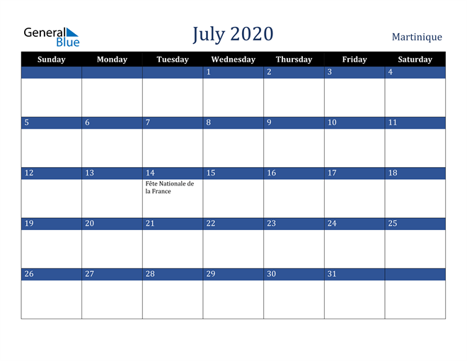 July 2020 Martinique Calendar