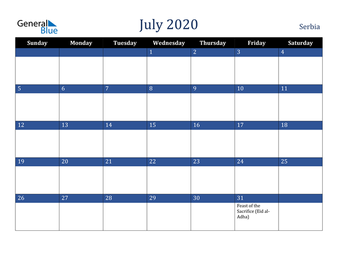July 2020 Serbia Calendar