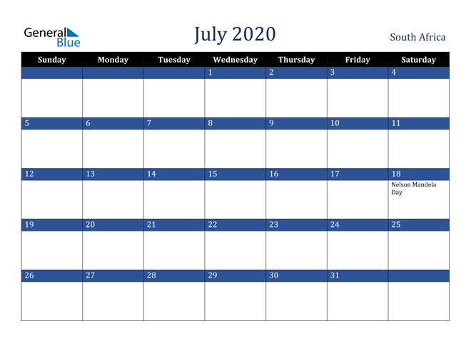 July 2020 South Africa Calendar