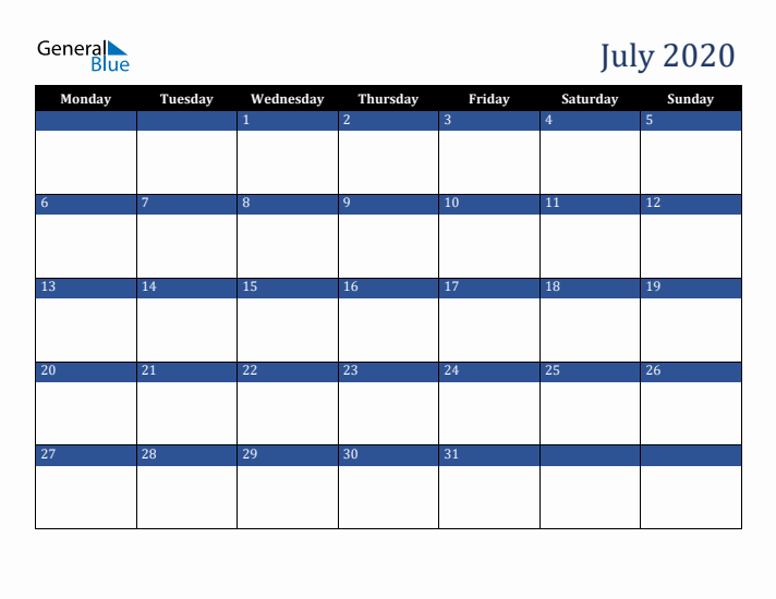 Monday Start Calendar for July 2020