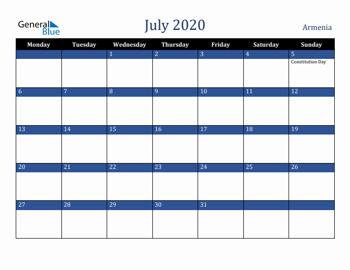 July 2020 Armenia Calendar (Monday Start)
