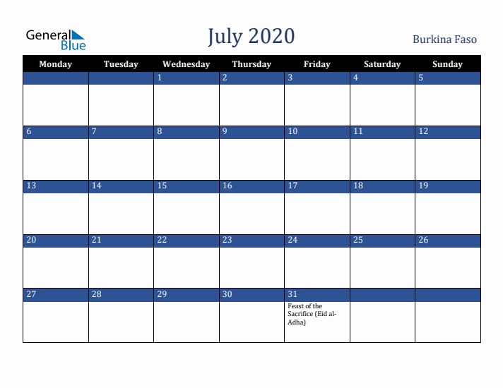 July 2020 Burkina Faso Calendar (Monday Start)