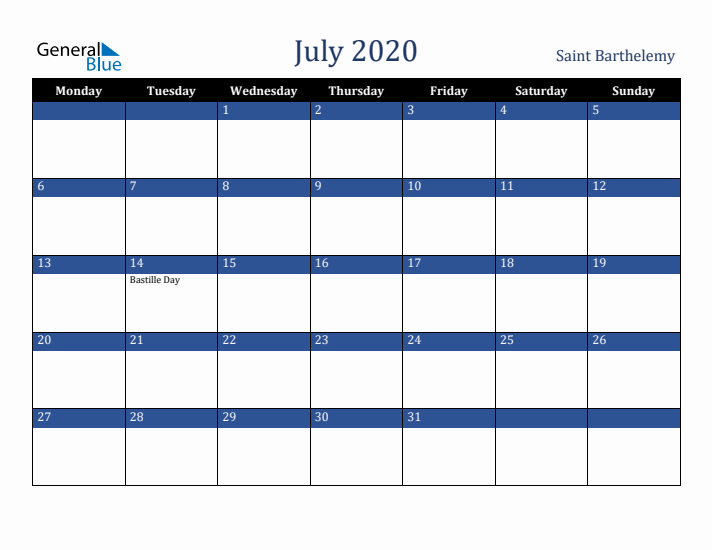 July 2020 Saint Barthelemy Calendar (Monday Start)