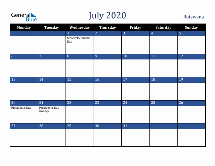 July 2020 Botswana Calendar (Monday Start)