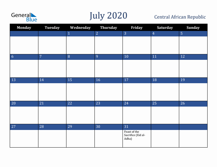 July 2020 Central African Republic Calendar (Monday Start)