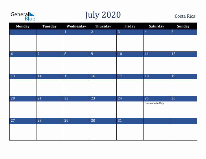 July 2020 Costa Rica Calendar (Monday Start)