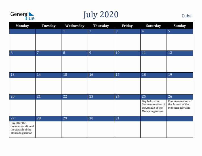 July 2020 Cuba Calendar (Monday Start)