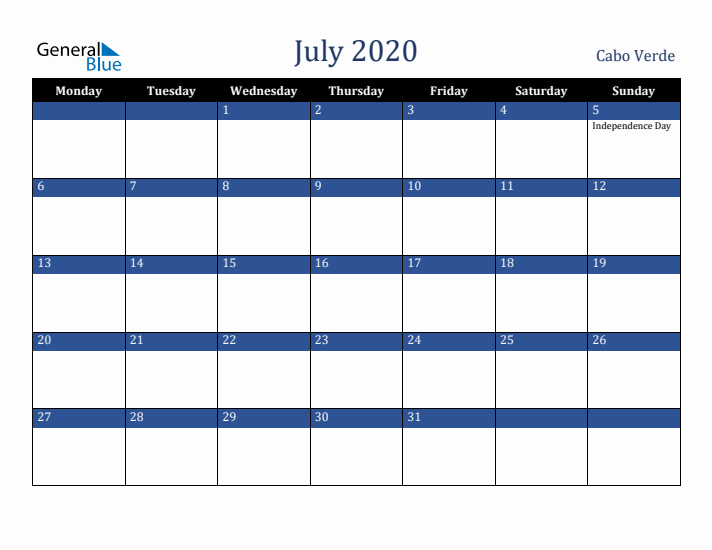 July 2020 Cabo Verde Calendar (Monday Start)