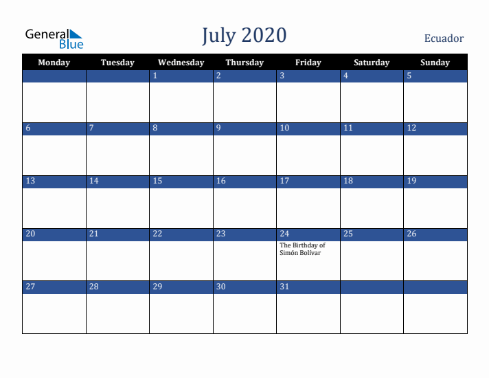 July 2020 Ecuador Calendar (Monday Start)