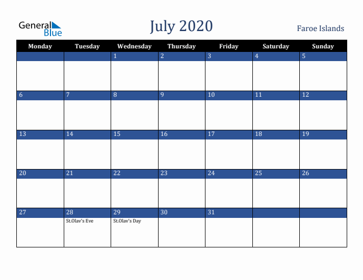 July 2020 Faroe Islands Calendar (Monday Start)