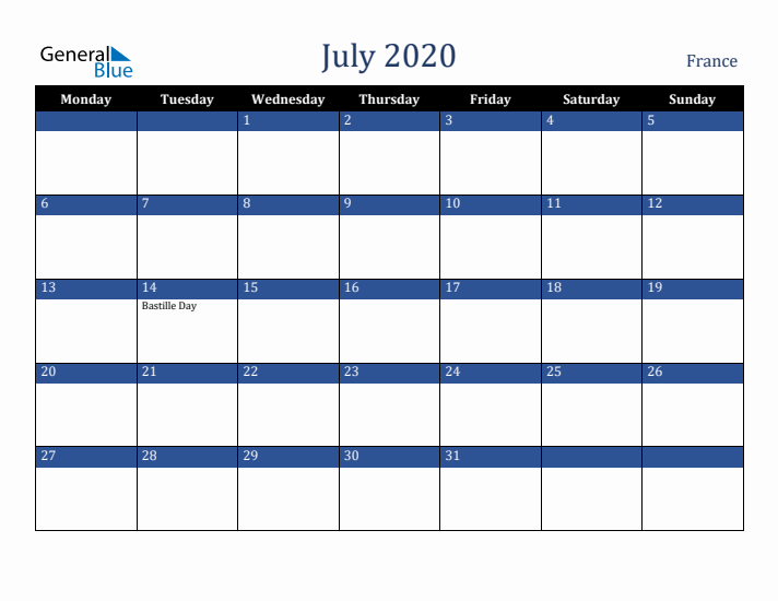 July 2020 France Calendar (Monday Start)