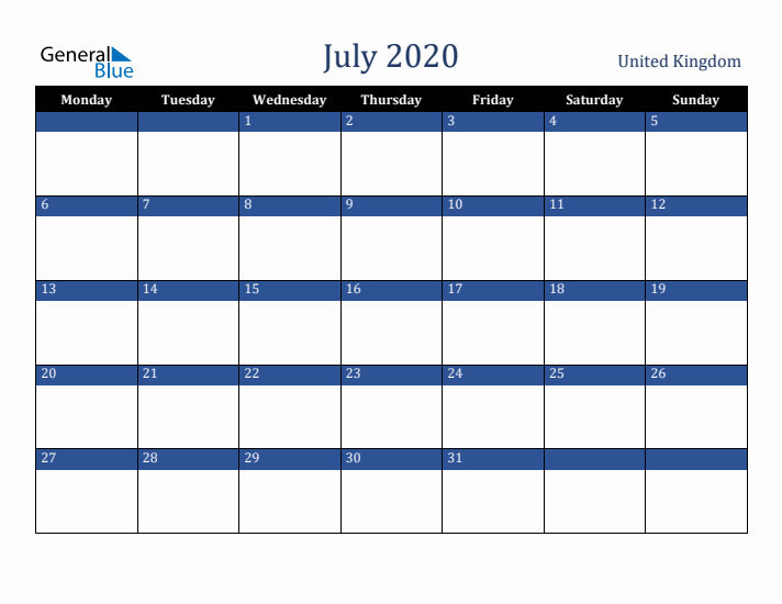 July 2020 United Kingdom Calendar (Monday Start)
