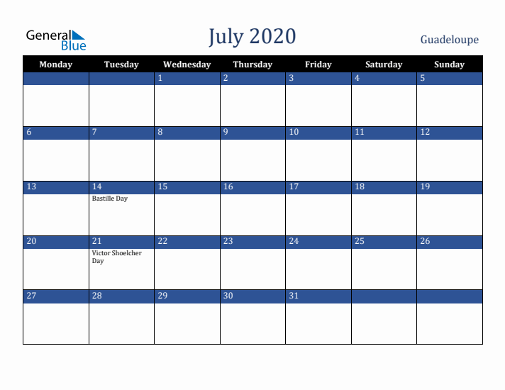 July 2020 Guadeloupe Calendar (Monday Start)