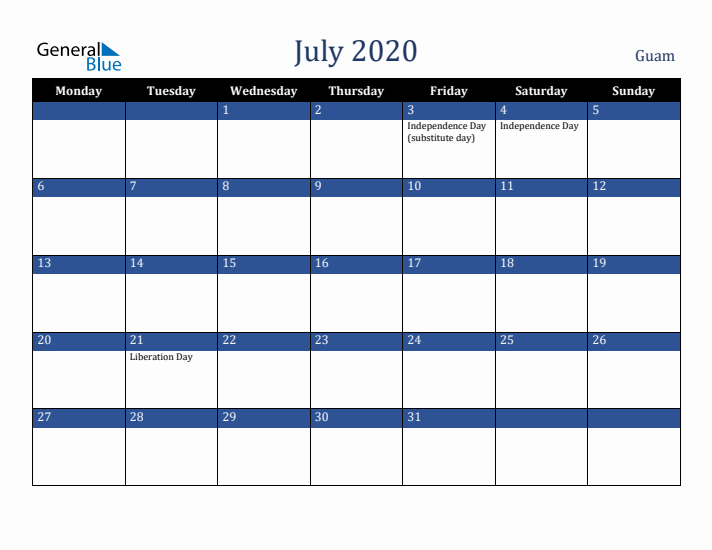 July 2020 Guam Calendar (Monday Start)