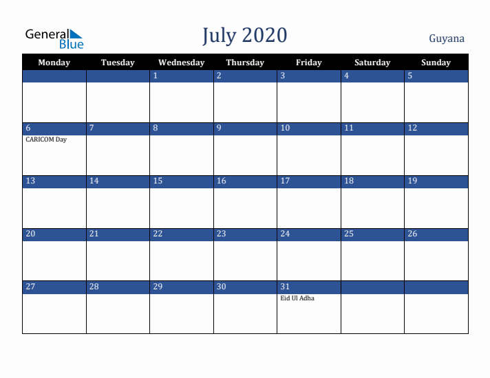 July 2020 Guyana Calendar (Monday Start)