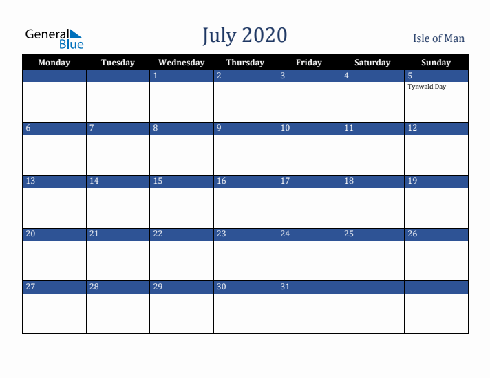 July 2020 Isle of Man Calendar (Monday Start)