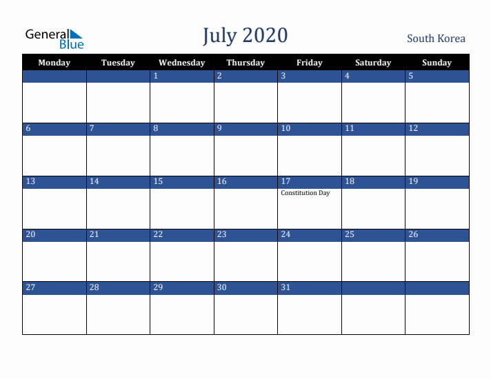 July 2020 South Korea Calendar (Monday Start)