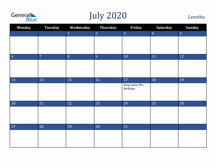 July 2020 Lesotho Calendar (Monday Start)