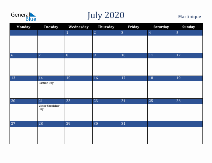July 2020 Martinique Calendar (Monday Start)
