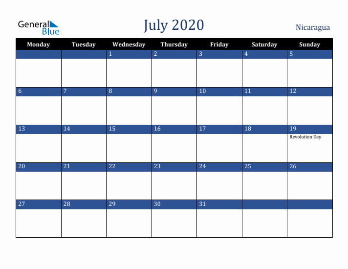 July 2020 Nicaragua Calendar (Monday Start)