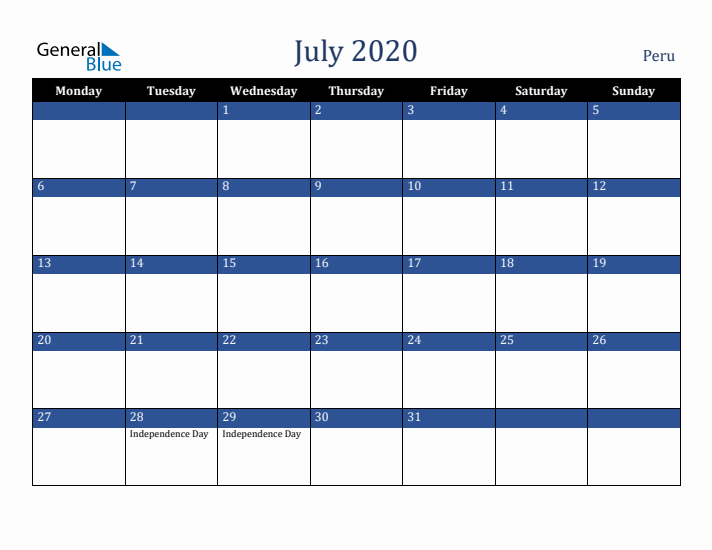 July 2020 Peru Calendar (Monday Start)