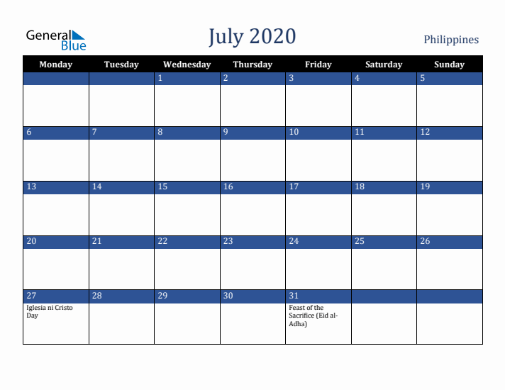 July 2020 Philippines Calendar (Monday Start)