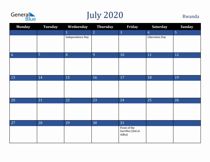 July 2020 Rwanda Calendar (Monday Start)