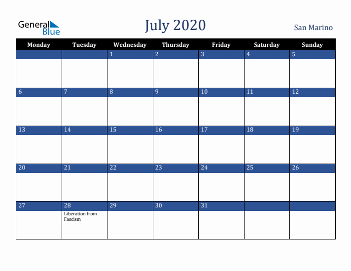 July 2020 San Marino Calendar (Monday Start)