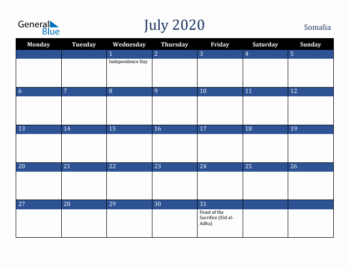 July 2020 Somalia Calendar (Monday Start)