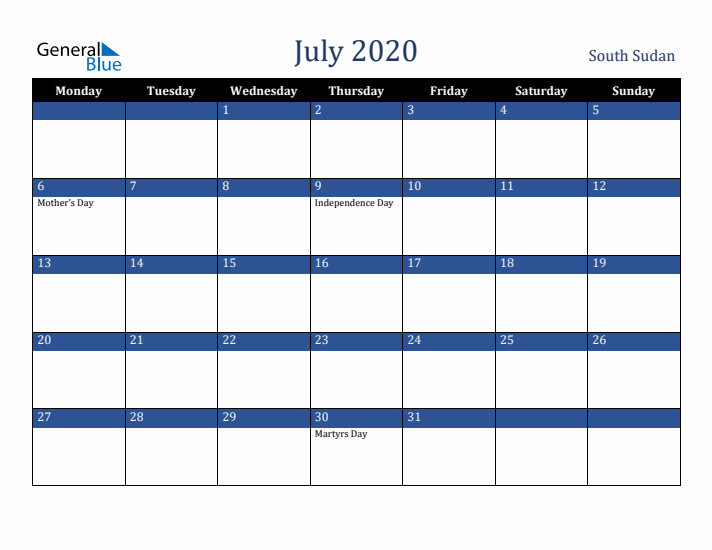 July 2020 South Sudan Calendar (Monday Start)