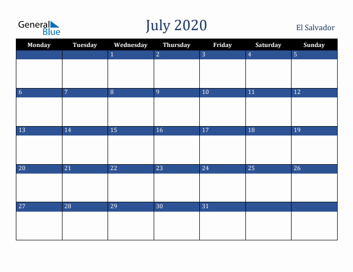 July 2020 El Salvador Calendar (Monday Start)