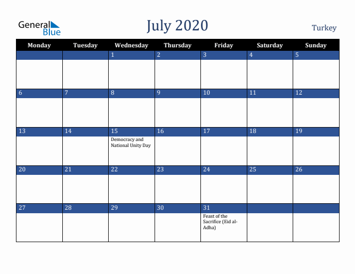July 2020 Turkey Calendar (Monday Start)