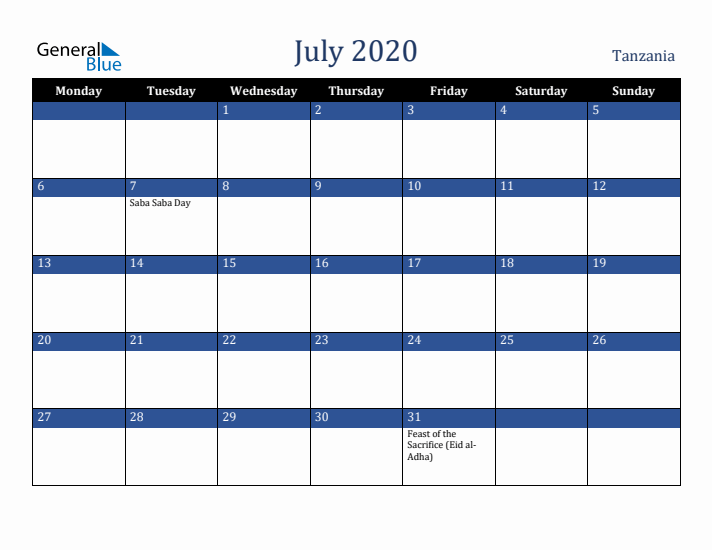 July 2020 Tanzania Calendar (Monday Start)