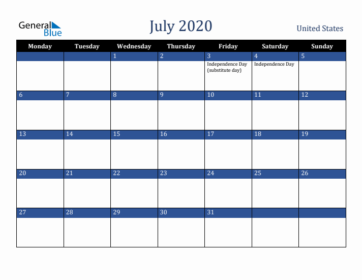 July 2020 United States Calendar (Monday Start)