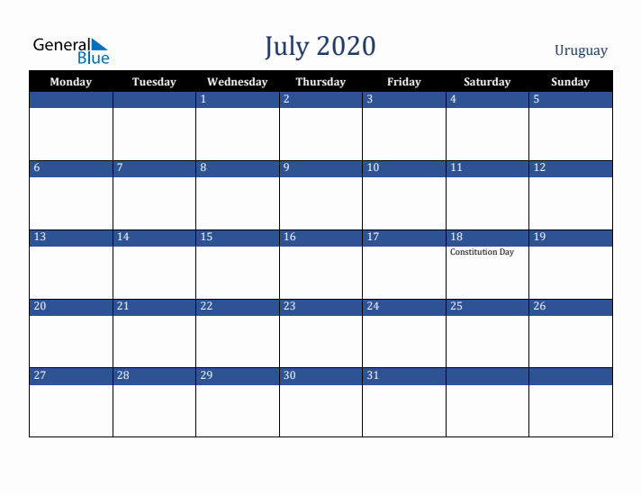 July 2020 Uruguay Calendar (Monday Start)