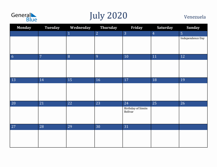 July 2020 Venezuela Calendar (Monday Start)